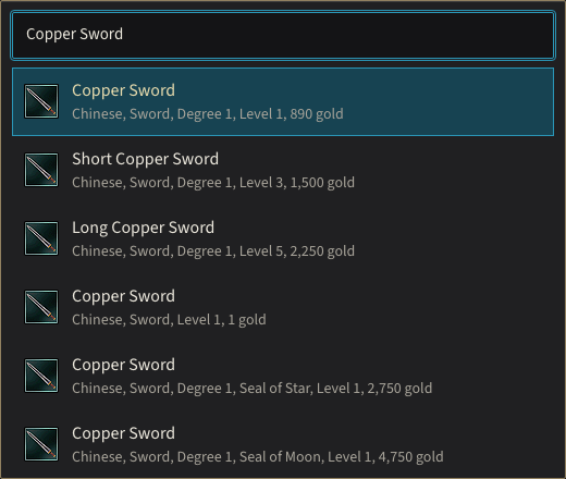 The item picker lists the Copper Sword and its Seal of Star and Seal of Moon versions with their levels and purchase costs